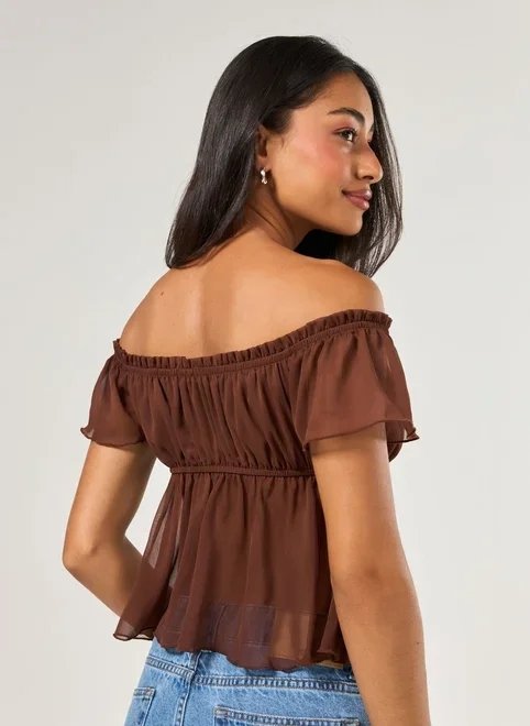 blusa ombro a ombro chiffon marrom blusa ombro a ombro chiffon marrom