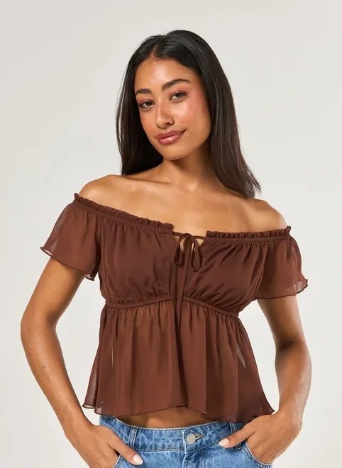 blusa ombro a ombro chiffon marrom blusa ombro a ombro chiffon marrom