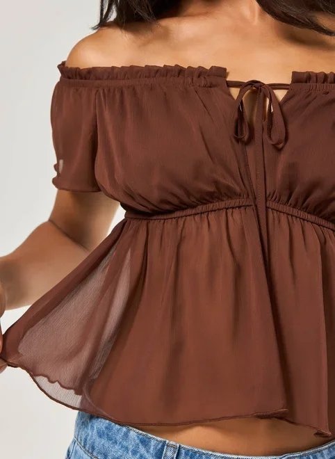 blusa ombro a ombro chiffon marrom blusa ombro a ombro chiffon marrom