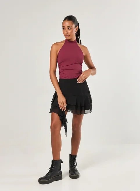 saia preta chiffon ponta assimétrica saia preta chiffon ponta assimétrica