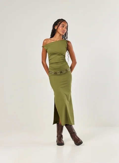 vestido midi poliamida decote assimétrico vestido midi poliamida decote assimétrico