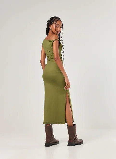 vestido midi poliamida decote assimétrico vestido midi poliamida decote assimétrico