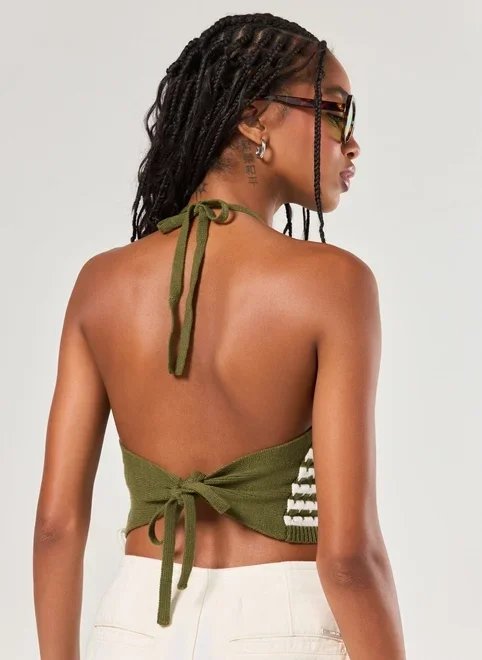 cropped frente única tricô verde e off cropped frente única tricô verde e off