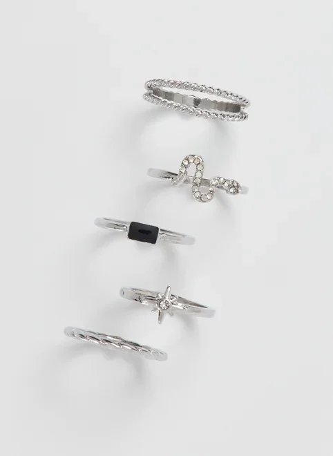 conjunto 5 anéis prateados cobra strass conjunto 5 anéis prateados cobra strass
