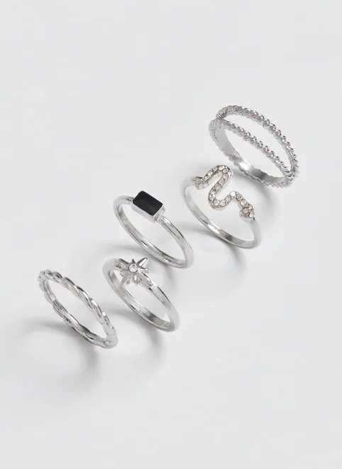 conjunto 5 anéis prateados cobra strass conjunto 5 anéis prateados cobra strass