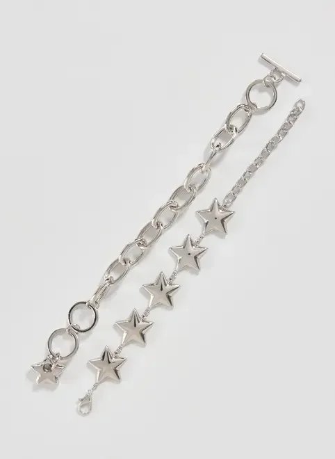 conjunto 2 pulseiras estrelas prateadas conjunto 2 pulseiras estrelas prateadas