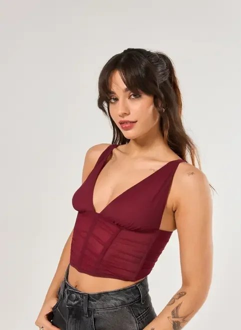 cropped tule corsetado bordô cropped tule corsetado bordô