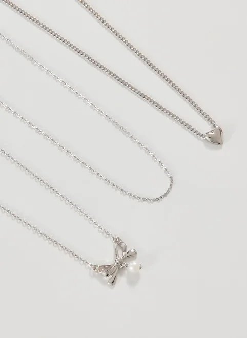 conjunto 3 colares prateados laço pérola conjunto 3 colares prateados laço pérola
