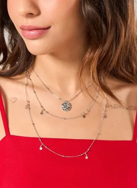 conjunto 2 colares prateados estrelas conjunto 2 colares prateados estrelas