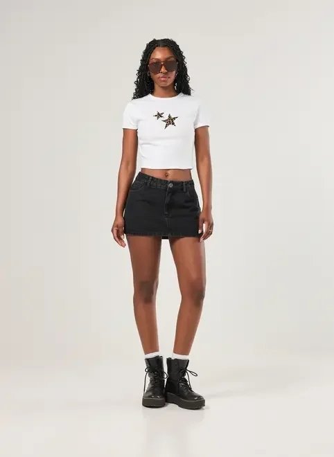 saia jeans preta com short embutido saia jeans preta com short embutido