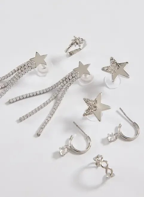 conjunto 5 brincos e piercings fakes prateados conjunto 5 brincos e piercings fakes prateados