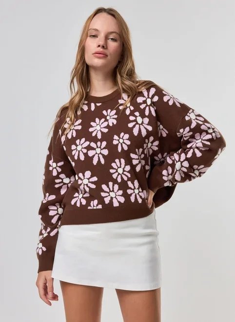 blusa box manga longa tricô flores blusa box manga longa tricô flores