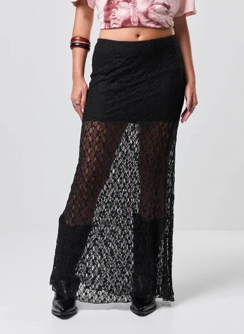 saia midi alongada renda preta saia midi alongada renda preta