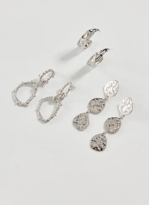 conjunto 3 brincos martelados prateados conjunto 3 brincos martelados prateados