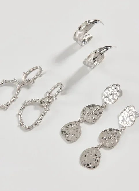 conjunto 3 brincos martelados prateados conjunto 3 brincos martelados prateados