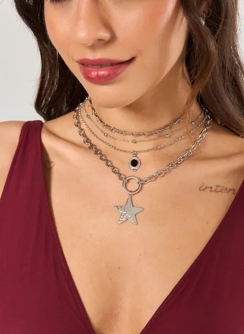 conjunto 4 colares prateados estrela conjunto 4 colares prateados estrela