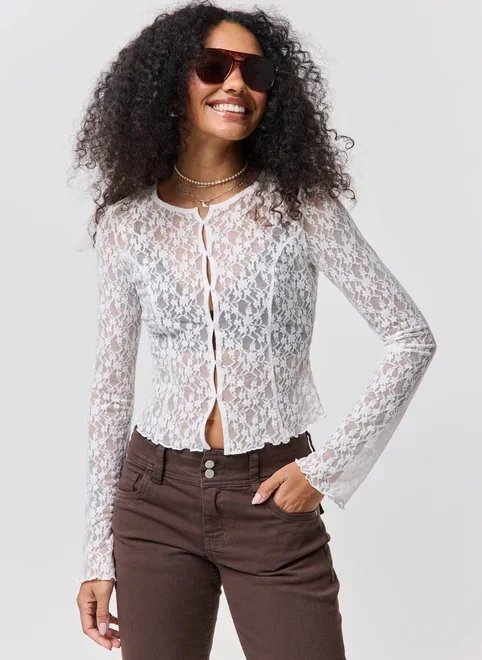 blusa manga longa renda abertura frontal blusa manga longa renda abertura frontal