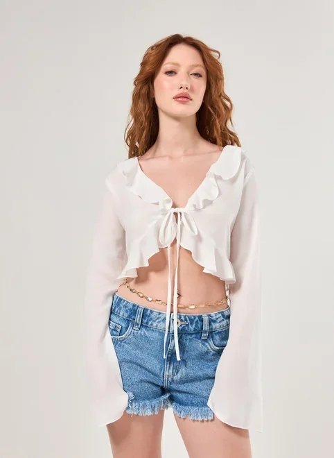 cropped manga longa chiffon babados cropped manga longa chiffon babados