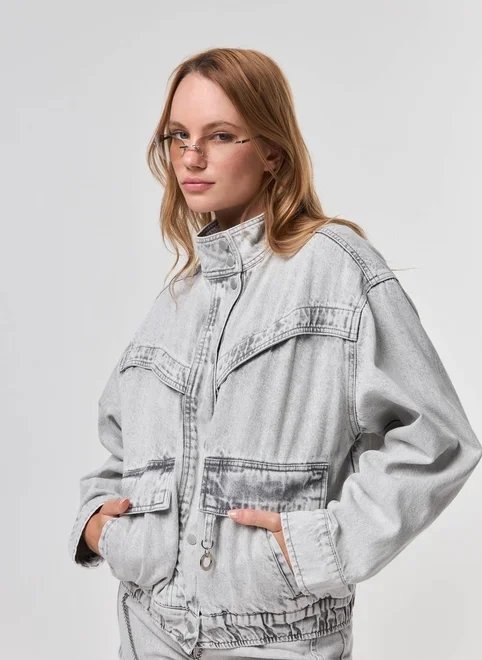 jaqueta oversized jeans cinza gola alta jaqueta oversized jeans cinza gola alta