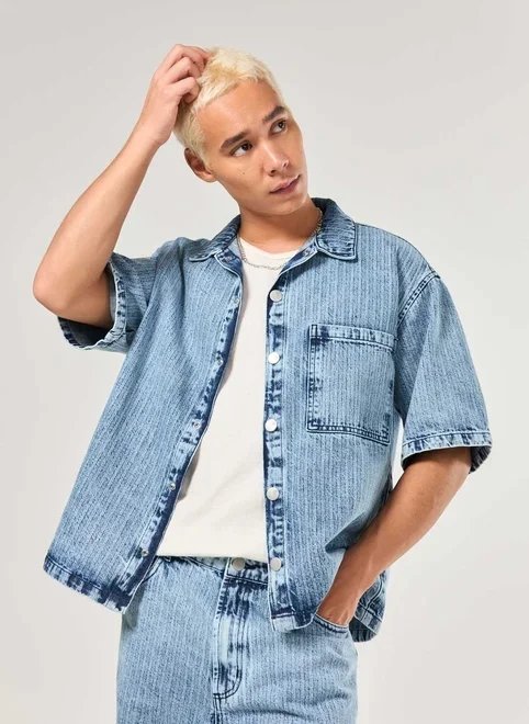 camisa jeans box risca de giz camisa jeans box risca de giz