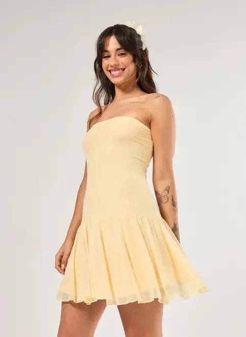 vestido sem alça tule amarelo manteiga vestido sem alça tule amarelo manteiga