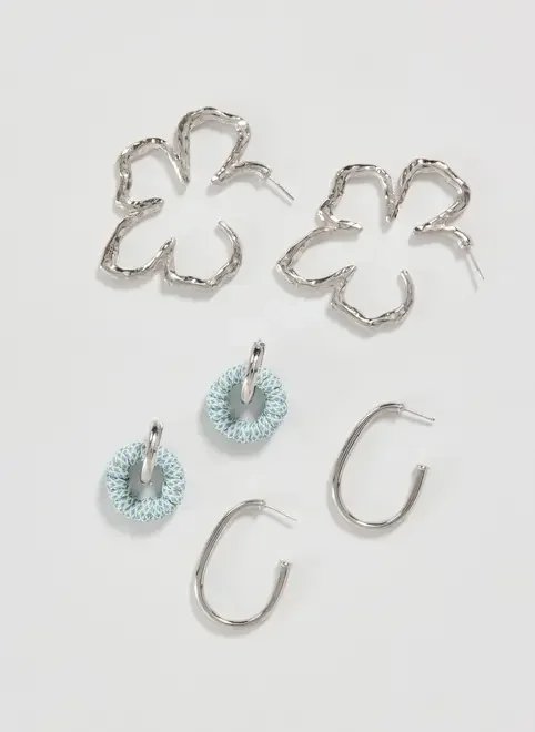 conjunto 3 brincos prateados argola flor conjunto 3 brincos prateados argola flor