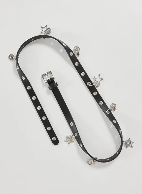 cinto poliuretano preto ilhoses pingentes cinto poliuretano preto ilhoses pingentes