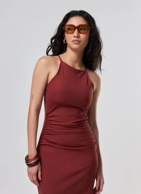vestido midi poliamida franzido halter vestido midi poliamida franzido halter