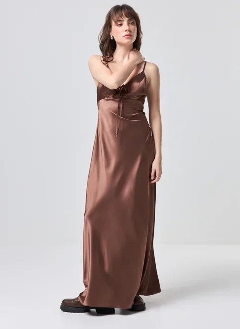 vestido midi cetim marrom amarração vestido midi cetim marrom amarração