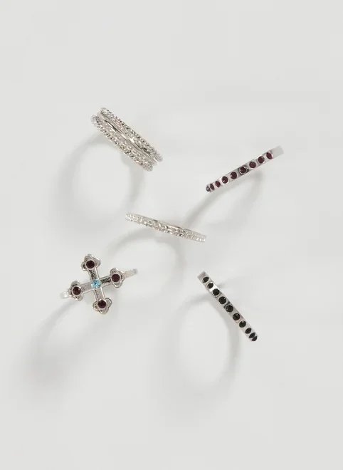 conjunto 5 anéis prateados strass coloridas conjunto 5 anéis prateados strass coloridas