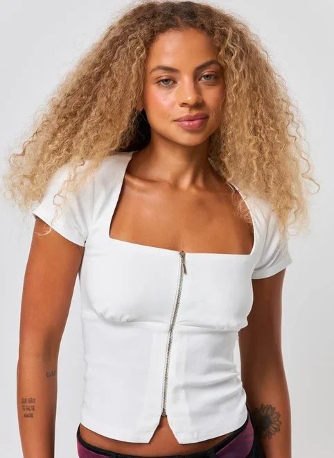 blusa bengaline off‑white zíper frontal blusa bengaline off‑white zíper frontal