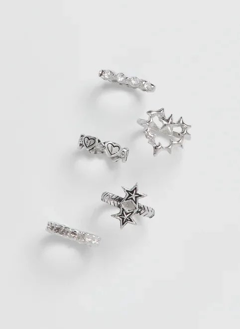 conjunto 5 anéis prateados estrelas conjunto 5 anéis prateados estrelas