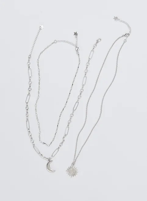 conjunto 3 colares prateados sol lua conjunto 3 colares prateados sol lua