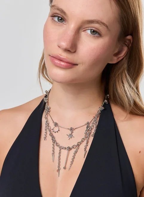 conjunto 2 colares prateados piercings conjunto 2 colares prateados piercings