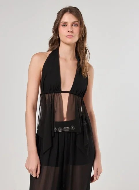 top tule preto frente única top tule preto frente única