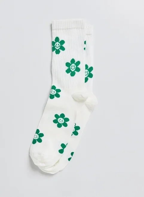 meia off-white florzinhas verdes meia off-white florzinhas verdes