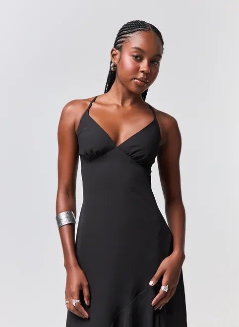 vestido midi chiffon com fenda e babado vestido midi chiffon com fenda e babado