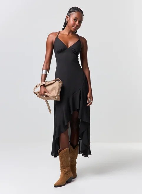 vestido midi chiffon com fenda e babado vestido midi chiffon com fenda e babado