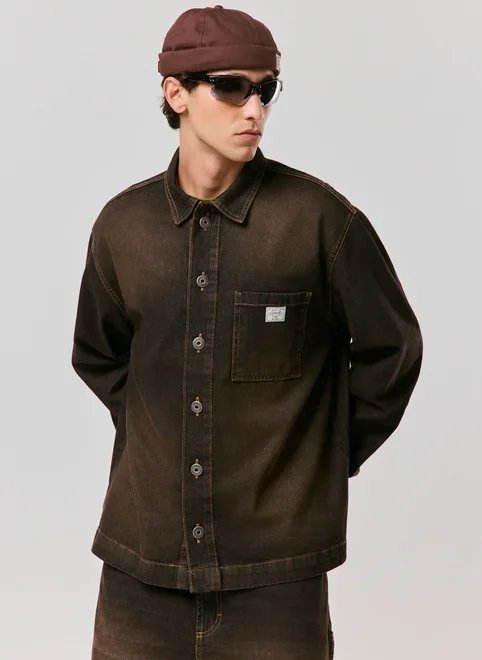 camisa jeans overshirt lavagem vintage marrom camisa jeans overshirt lavagem vintage marrom