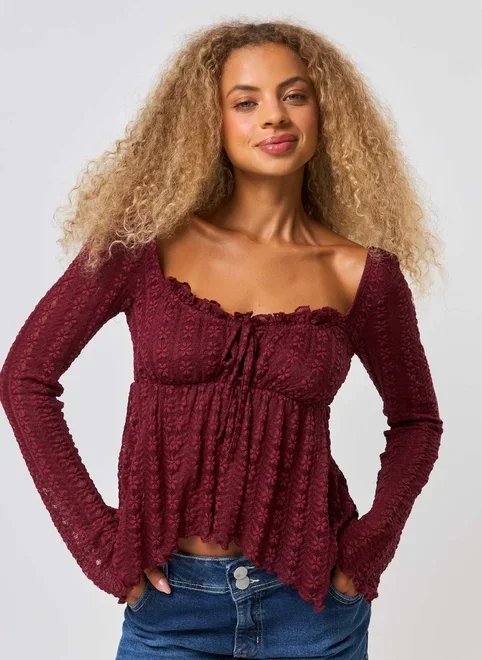 blusa manga longa textura flores bordô blusa manga longa textura flores bordô