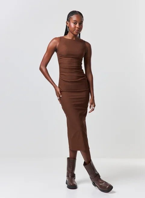 vestido midi franzido bengaline marrom vestido midi franzido bengaline marrom