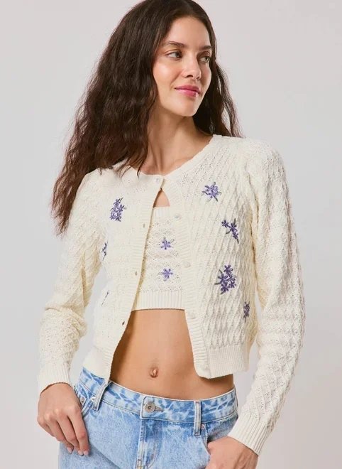 cardigan tricô bordado cardigan tricô bordado