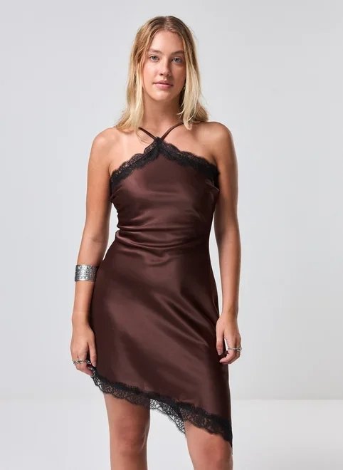 vestido curto marrom cetim e renda vestido curto marrom cetim e renda