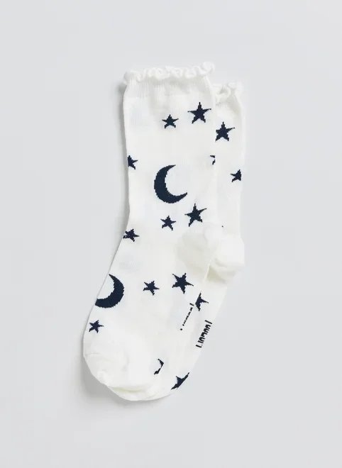 meia off‑white lua e estrelas com babado meia off‑white lua e estrelas com babado