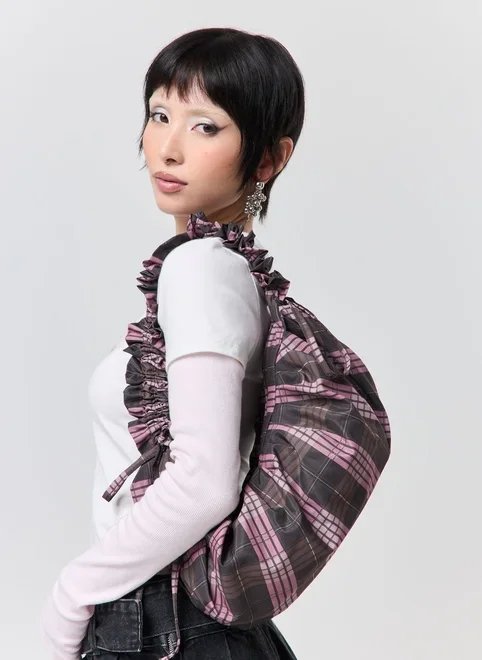 bolsa em tecido quadriculado rosa e marrom bolsa em tecido quadriculado rosa e marrom