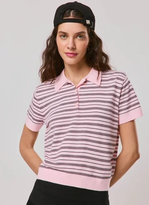 blusa polo rosa listrada tricô blusa polo rosa listrada tricô