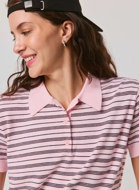 blusa polo rosa listrada tricô blusa polo rosa listrada tricô