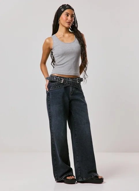 calça wide leg jeans cós transpassado calça wide leg jeans cós transpassado