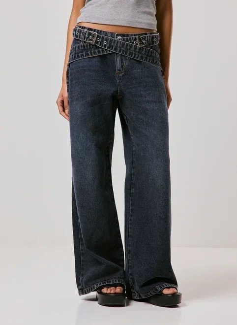 calça wide leg jeans cós transpassado calça wide leg jeans cós transpassado