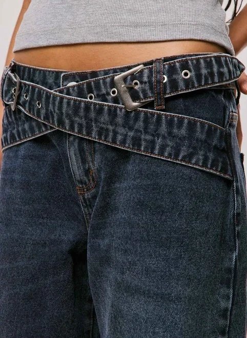 calça wide leg jeans cós transpassado calça wide leg jeans cós transpassado